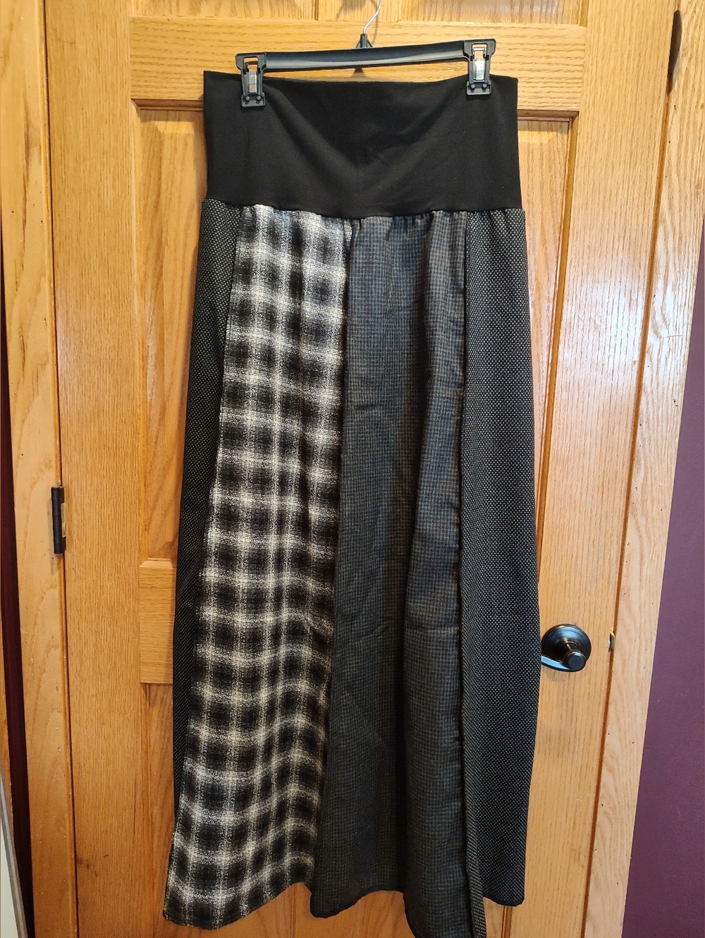 Green 3 Black & Gray Patchwork Maxi Skirt, Made In USA